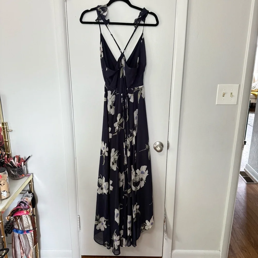 Lulus Navy Blue & Cream Floral Print Wrap Maxi Dress Medium - Picture 8 of 11